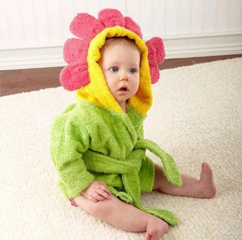 Peignoir_de_bain_bébé-avec_prénom-capuche forme animale-coton-polyester-absorbant-doux-confortable-moelleux-motif uni-manche longue-mi-genou-printemps-automne-hiver-rose-vert-jaune