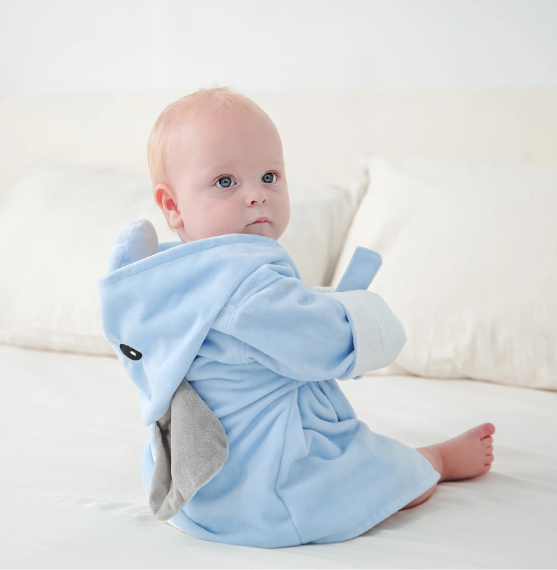 Peignoir_de_bain_bébé-garçon-Fibre bambou-polyester-manches 3/4-motif dessin-capuche forme animale-moelleux-doux-confortable-absorbant-printemps-automne-hiver-bleu-gris