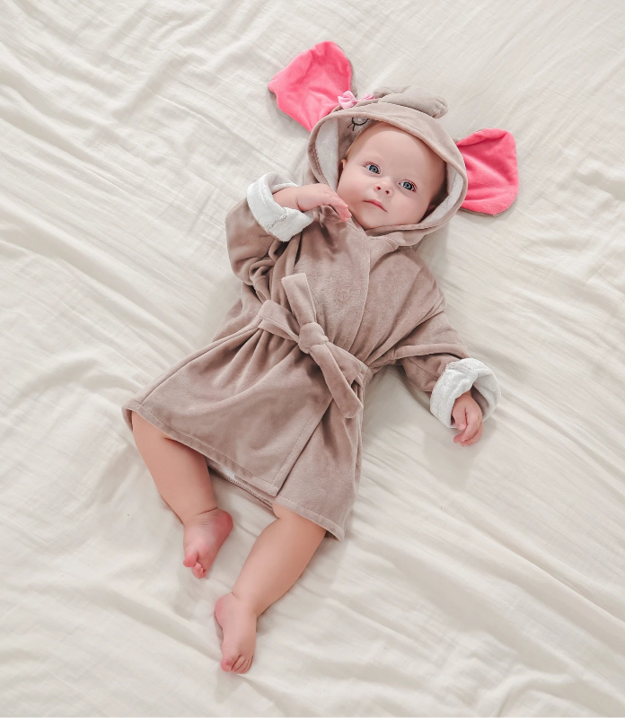 Peignoir_de_bain_bébé-garcon-Fibre bambou-polyester-manches 3/4-motif dessin-capuche forme animale-moelleux-doux-confortable-absorbant-printemps-automne-hiver-gris-rose