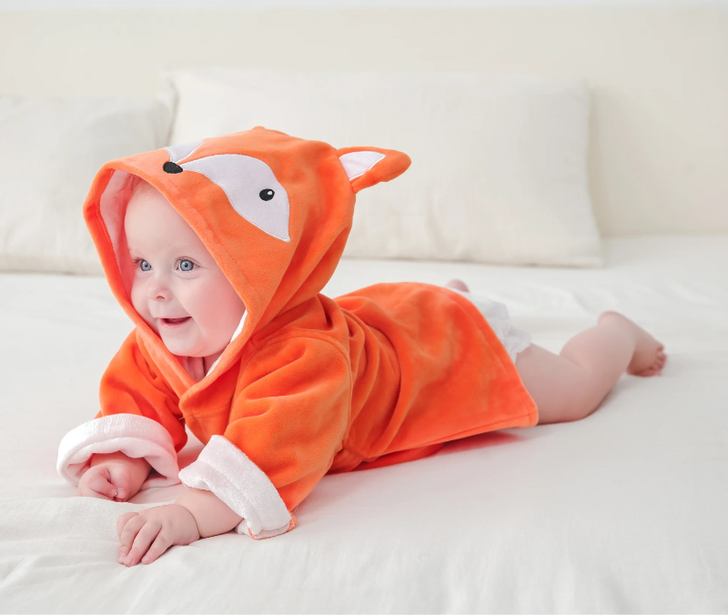 Peignoir_de_bain_bébé-garçon-Fibre bambou-polyester-manches 3/4-motif dessin-capuche forme animale-moelleux-doux-confortable-absorbant-printemps-automne-hiver-orange-blanc