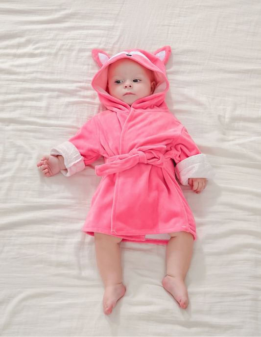 Peignoir_de_bain_bébé-garçon-Fibre bambou-polyester-manches 3/4-motif dessin-capuche forme animale-moelleux-doux-confortable-absorbant-printemps-automne-hiver-rose