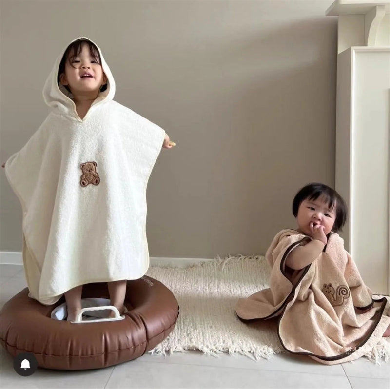Peignoir_de_bain_bébé-personnalise-coton-peigne-motif-brode-dessin-anime-capuche-sans manches-longueur-cheville-confortable-doux-moelleux-été-absorbant-printemps-automne-beige-blanc