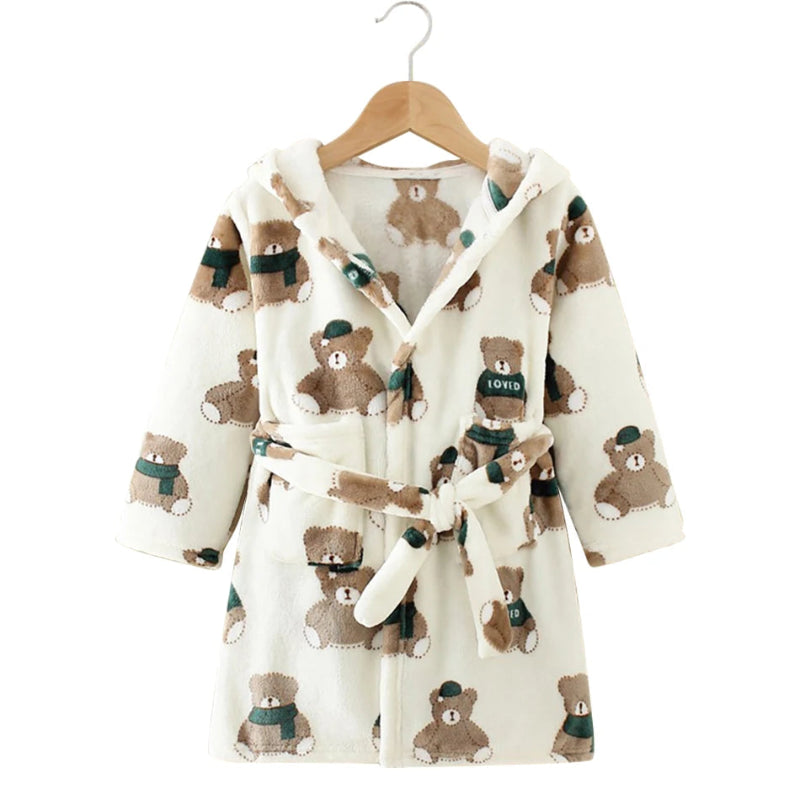 Peignoir_de_bain_bébé_à_broder-flanelle-polyester-capuche-manche_longue-épais-mi-mollet-absorbant-moelleux-confortable-doux-motif_dessins_animés-printemps-automne-hiver-beige marron