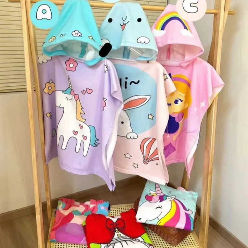 Peignoir_de_bain_bébé_plage-Microfibre fantaisie-capuche-sans manches-motif dessins animes-été-imprimés