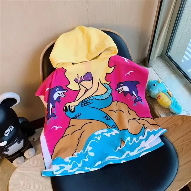 Peignoir_de_bain_bébé_plage-Microfibre fantaisie-été-sans manches-capuche-motif dessins animes-imprimes-bleu-jaune-rose