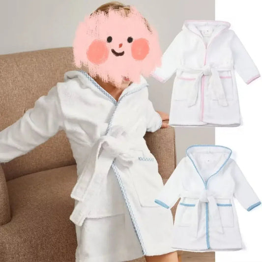 Peignoir de bain blanc 3 ans-coton-capuche-manche-longue-mi-genoux-éponge-absorbant-moelleux-confortable-doux-printemps-automne-hiver-été-blanc-bleu
