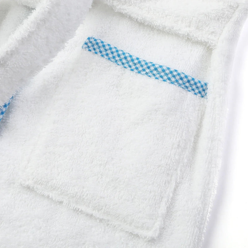 Peignoir de bain blanc 3 ans-coton-capuche-manche-longue-mi-genoux-eponge-absorbant-moelleux-confortable-doux-printemps-ete-automne-hiver-blanc-bleu