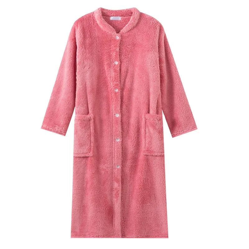 Peignoir_de_bain_blanc_bleu-Tricot épais coral fleece et flanelle polyester-col-châle-boutonne-manche-longue-épais-mi-mollet-éponge-absorbant-moelleux-confortable-doux-printemps-automne-hiver-rose