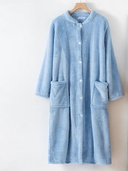 Peignoir_de_bain_blanc_bleu-Tricot épais coral fleece et flanelle polyester-col-châle-boutonne-manche-longue-épais-mi-mollet-éponge-absorbant-moelleux-confortable-doux-printemps-automne-hiver