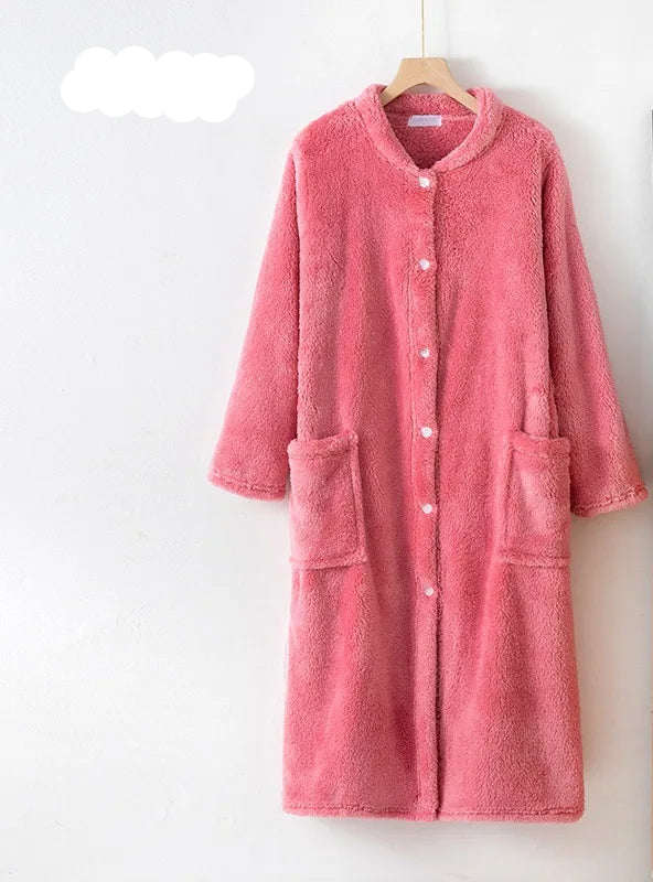 Peignoir_de_bain_blanc_bleu-Tricot épais coral fleece et flanelle polyester-col-châle-boutonne-manche-longue-épais-mi-mollet-éponge-absorbant-moelleux-confortable-doux-printemps-hiver-automne-rose