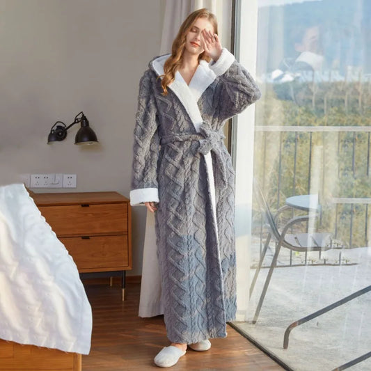 Peignoir de bain blanc capuche très bonne qualité-coton-flanelle-manche-longue-épais-longueur-cheville-absorbant-moelleux-confortable-col-châle-capuche-printemps-automne-hiver-gris-blanc