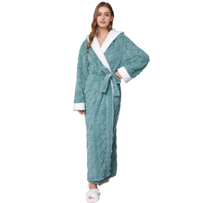 Peignoir de bain blanc capuche très bonne qualité-coton-flanelle-manche-longue-épais-longueur-cheville-absorbant-moelleux-confortable-col-châle-capuche-printemps-automne-hiver-vert-blanc