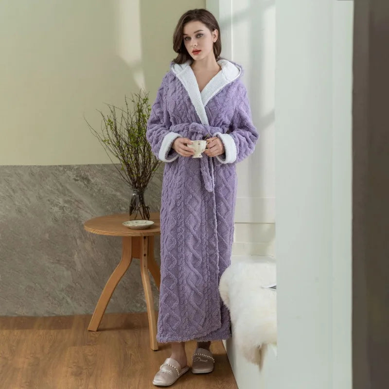 Peignoir de bain blanc capuche très bonne qualité-coton-flanelle-manche-longue-épais-longueur-cheville-absorbant-moelleux-confortable-col-châle-capuche-printemps-automne-hiver-violet-blanc