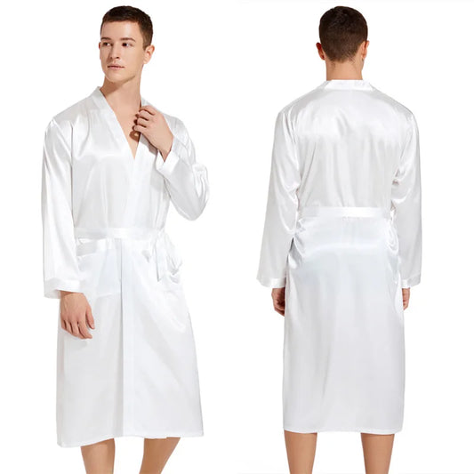 Peignoir de bain blanc homme-tricot-satin-polyester-col-V-manche-longue-épaisseur normale-confortable-doux-moelleux-mi-mollet-motif uni-absorbant-blanc