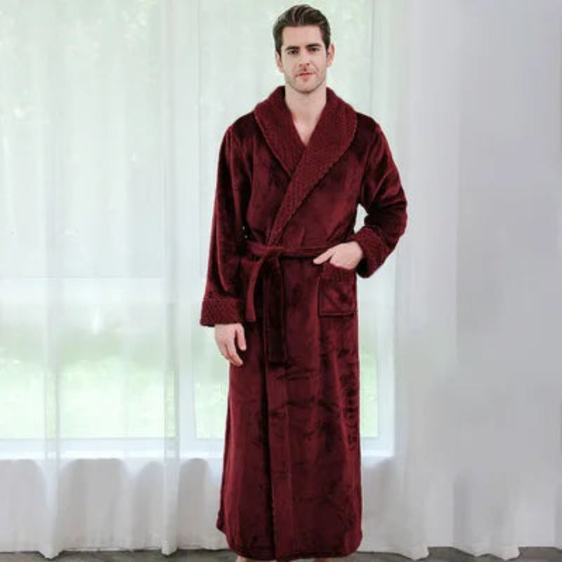Peignoir_de_bain_brodé-flanelle-polyester-col-châle-rabattu-personnalisable-manche-longue-épais-mi-mollet-doux-absorbant-confortable-moelleux-hiver-printemps-automne-bordeaux