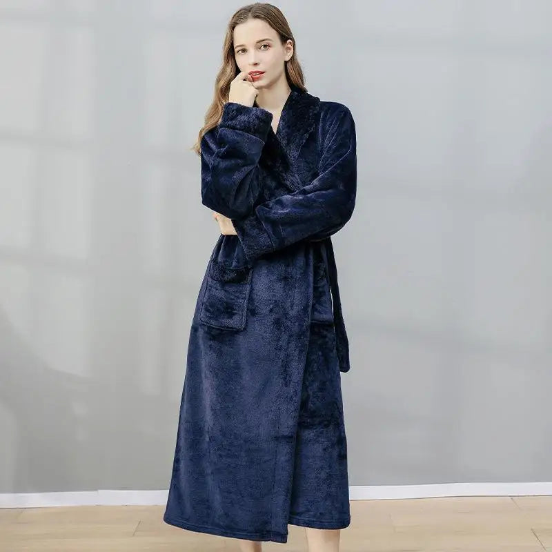 Peignoir_de_bain_brodé-flanelle-polyester-col-châle-rabattu-personnalisable-manche-longue-épais-mi-mollet-doux-absorbant-confortable-moelleux-printemps-automne-hiver-bleu-marine