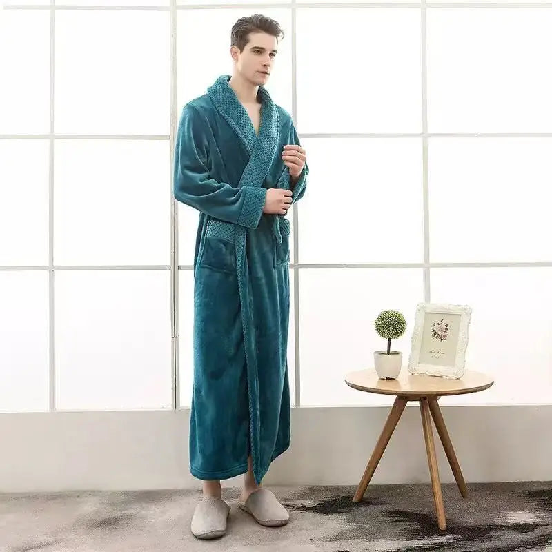 Peignoir_de_bain_brodé-flanelle-polyester-col-châle-rabattu-personnalisable-manche-longue-épais-mi-mollet-doux-absorbant-confortable-moelleux-printemps-hiver-automne-bleu