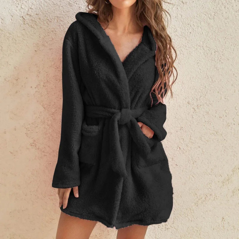 Peignoir de bain à capuche femme-flanelle-corail-manche longue-capuche-mi-cuisse-éponge-doux-moelleux-confortable-épaisseur normal-noir