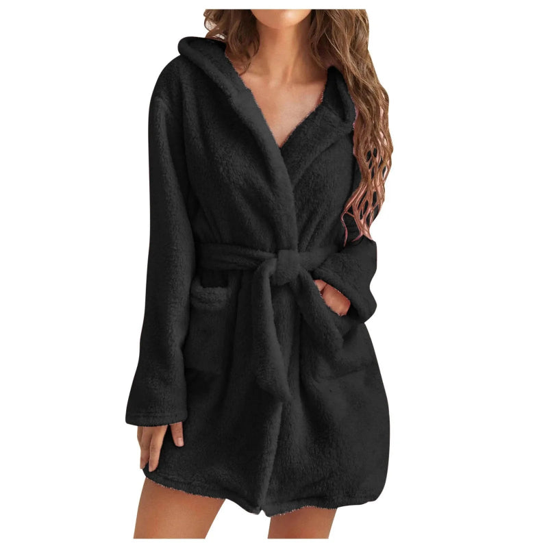 Peignoir_de_bain_capuche_femme-flanelle-corail-manche_longue-capuche-mi cuisse-éponge-doux-moelleux-confortable-epaisseur_normal-printemps-hiver-automne-noir