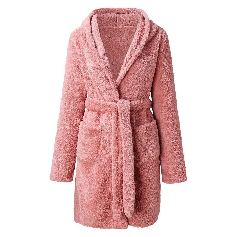 Peignoir de bain à capuche femme-flanelle-corail-manche longue-capuche-mi-cuisse-éponge-doux-moelleux-confortable-épaisseur normal-rose