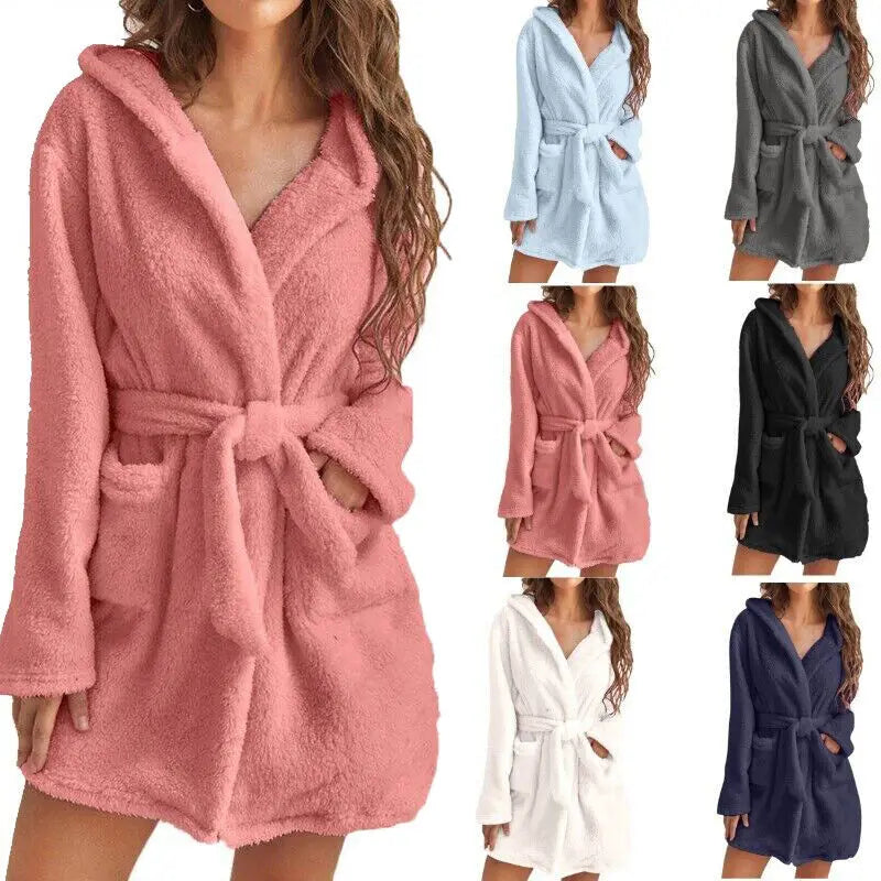 Peignoir de bain à capuche femme-flanelle-corail-manche longue-capuche-mi-cuisse-éponge-doux-moelleux-confortable-épaisseur normal