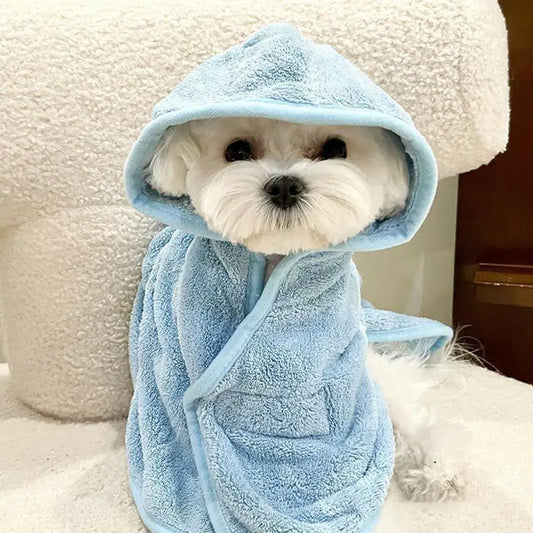 Peignoir de bain à capuche pour chien-polyester-capuche-doux-confortable-absorbant-moelleux-printemps-automne-hiver--bleu