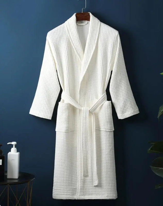 Peignoir de bain carre blanc-coton-tricoté-polyester-manche-longue-épais-mi-mollet-col-châle-doux-confortable-moelleux-hiver-printemps-automne-blanc