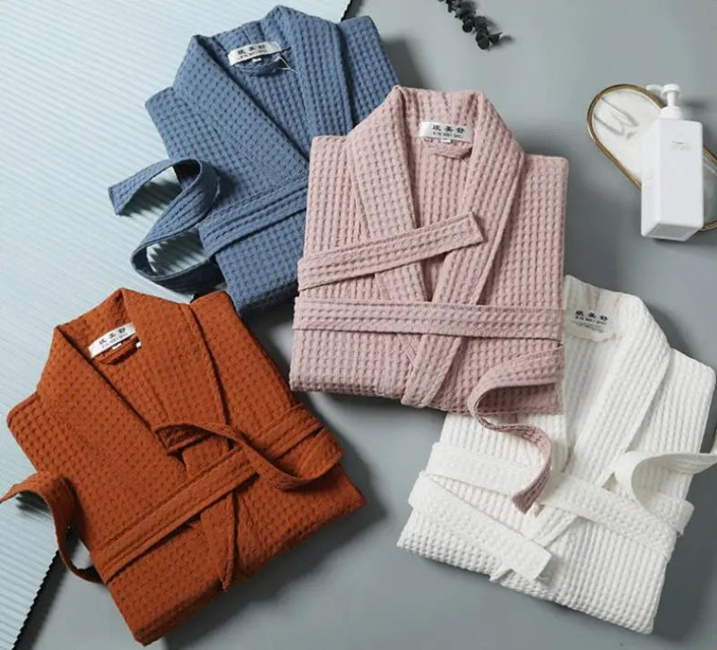 Peignoir de bain carré blanc-coton-tricoté-polyester-manche-longue-épais-mi-mollet-col-châle-doux-confortable-moelleux-printemps-automne-hiver-bleu-orange