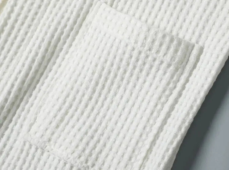 Peignoir de bain carre blanc-coton-tricoté-polyester-manche-longue-épais-mi-mollet-col-châle-doux-confortable-moelleux-printemps-hiver-automne-blanc