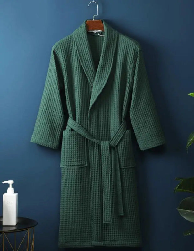 Peignoir de bain carre blanc-coton-tricoté-polyester-manche-longue-épais-mi-mollet-col-châle-doux-confortable-moelleux-printemps-hiver-automne-vert