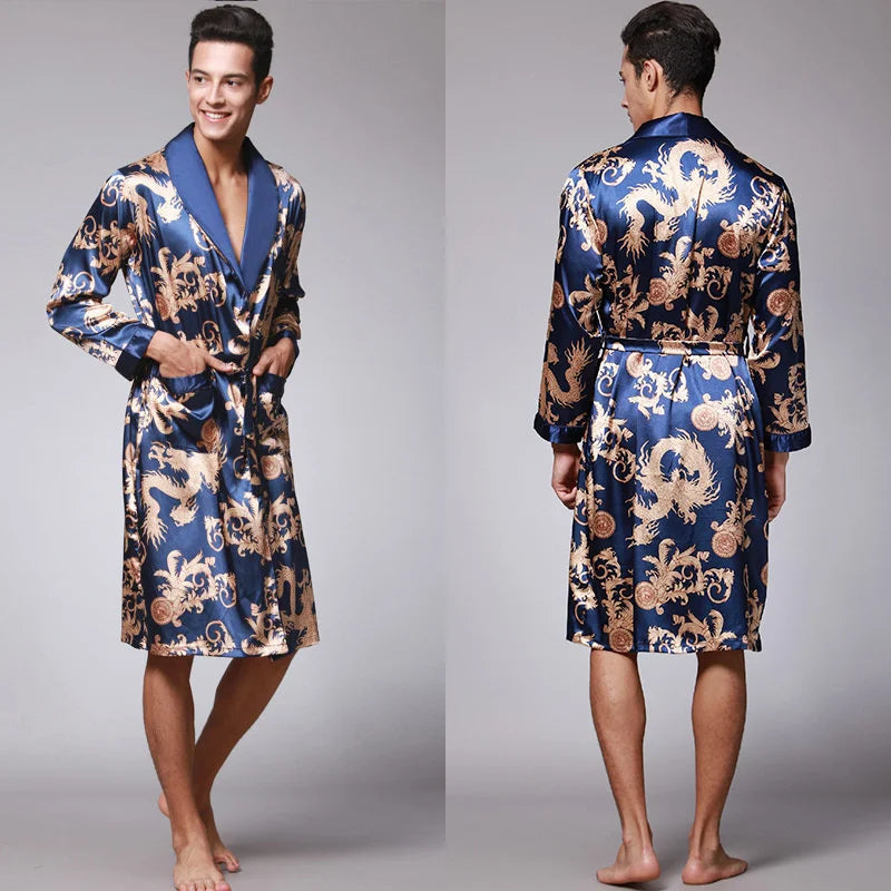 Peignoir_de_bain_chats_homme-Tricot-satin-polyester-col-châle-manche-longue-léger-mi-genou-doux-confortable-moelleux-motif-floral-géométrique-été-printemps-automne-bleu-or
