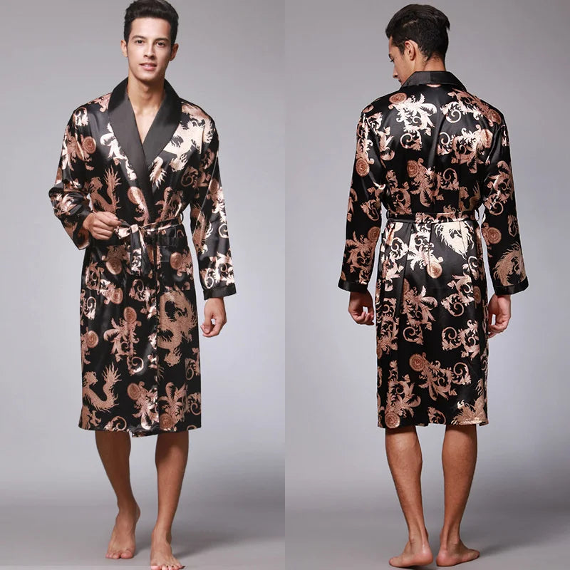 Peignoir_de_bain_chats_homme-Tricot-satin-polyester-col-châle-manche-longue-léger-mi-genou-doux-confortable-moelleux-motif-floral-géométrique-été-printemps-automne-marron-or