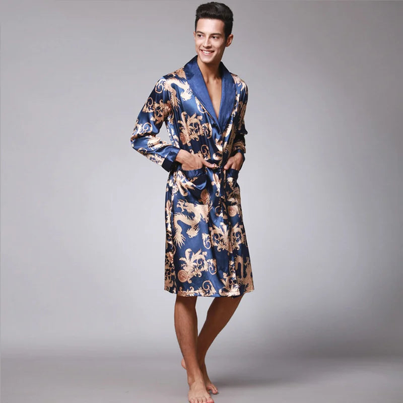 Peignoir_de_bain_chats_homme-Tricot-satin-polyester-col-châle-manche-longue-léger-mi-genou-doux-confortable-moelleux-motif-floral-géométrique-printemps-automne-été-bleu-or