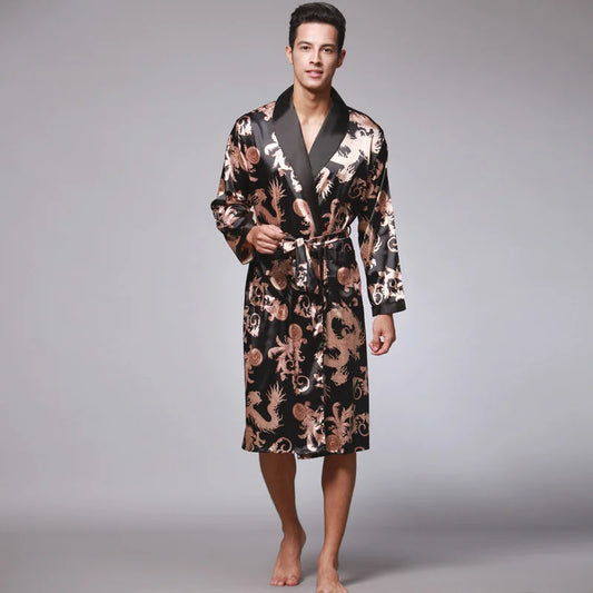 Peignoir_de_bain_chats_homme-Tricot-satin-polyester-col-châle-manche-longue-léger-mi-genou-doux-confortable-moelleux-motif-floral-géométrique-printemps-automne-été-marron-or