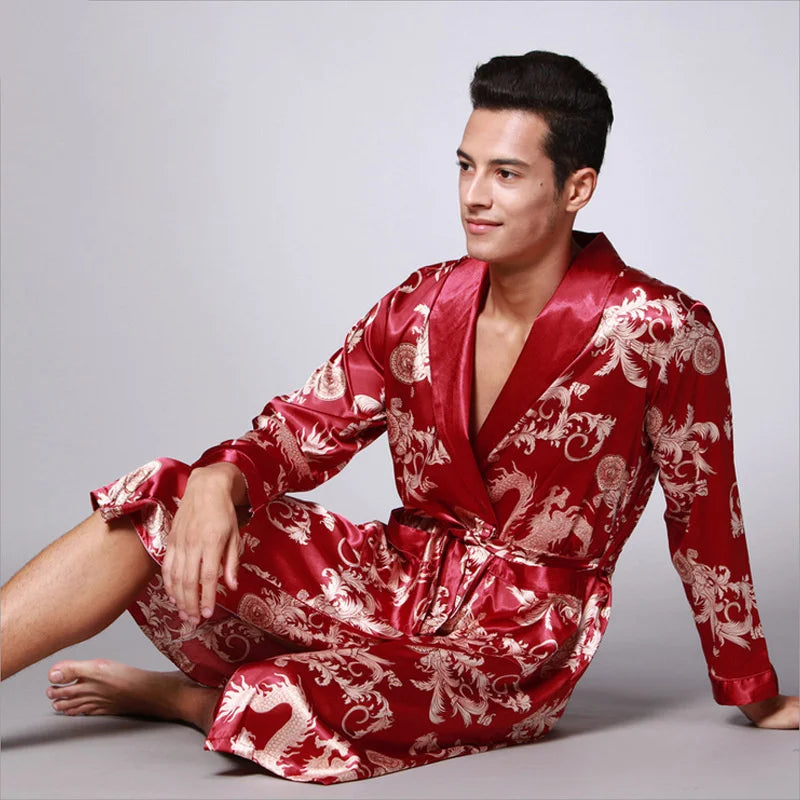 Peignoir_de_bain_chats_homme-Tricot-satin-polyester-col-châle-manche-longue-léger-mi-genou-doux-confortable-moelleux-motif-floral-géométrique-printemps-automne-été-rouge-or