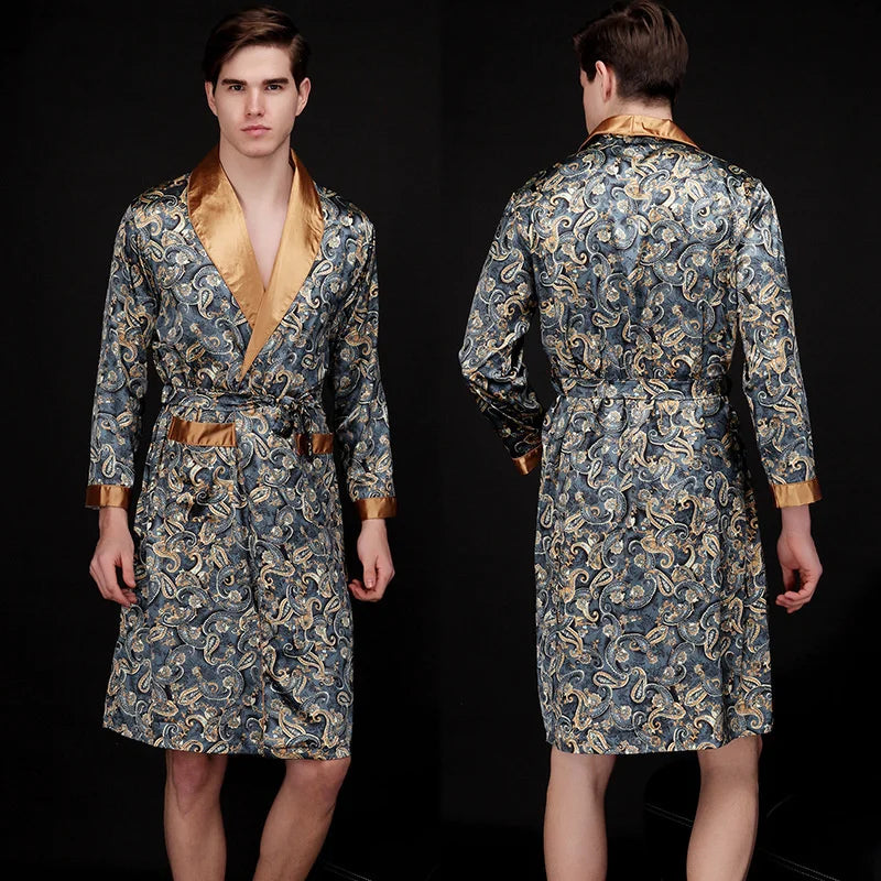 Peignoir_de_bain_chats_homme-Tricot-satin-polyester-col-châle-manche-longue-léger-mi-genou-doux-confortable-moelleux-motif-floral-géométrique-printemps-été-automne-bleu-fonce-or