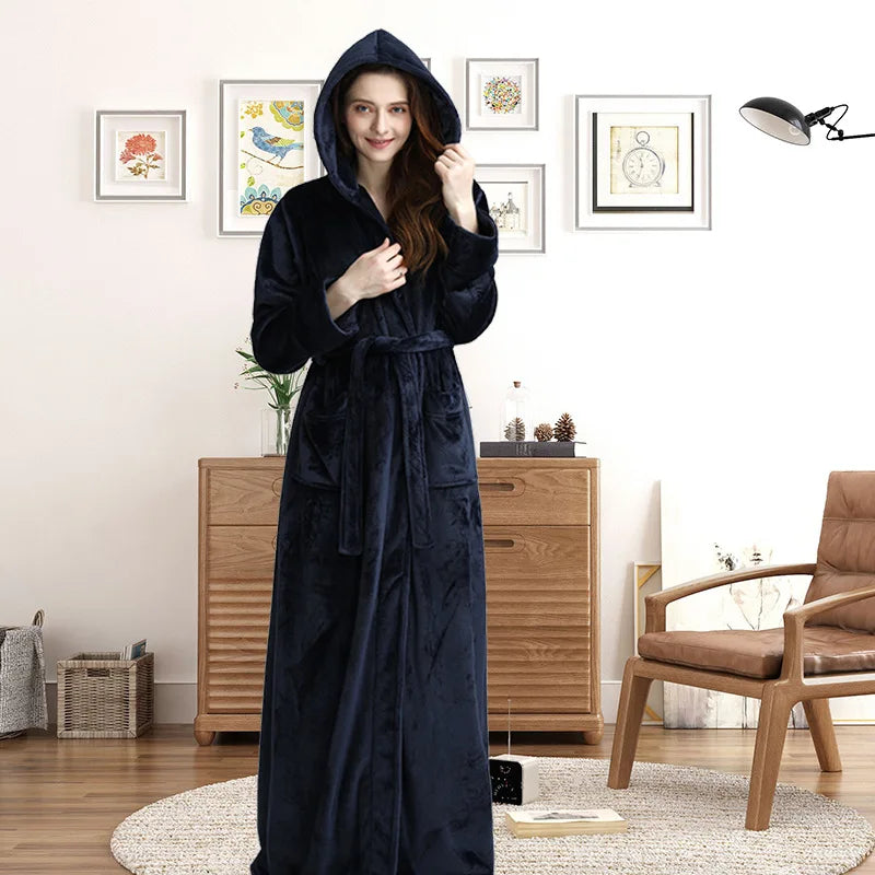 Peignoir de bain chaud absorbant-flanelle-polyester-capuche-manche-longue-épais-longueur-cheville-doux-moelleux-confortable-motif-uni-polaire-hiver-automne-printemps-bleu-marine