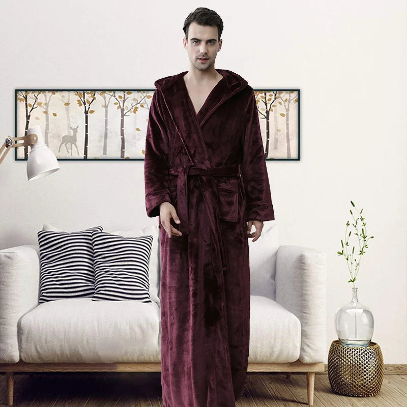 Peignoir de bain chaud absorbant-flanelle-polyester-capuche-manche-longue-épais-longueur-cheville-doux-moelleux-confortable-motif-uni-polaire-hiver-automne-printemps-bordeaux