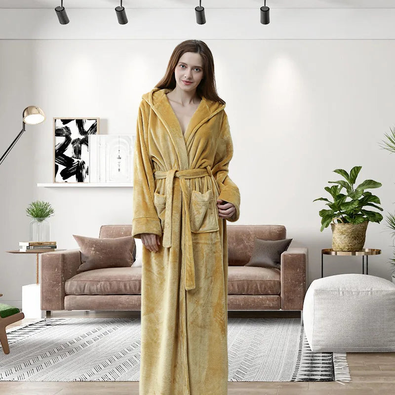 Peignoir de bain chaud absorbant-flanelle-polyester-capuche-manche-longue-épais-longueur-cheville-doux-moelleux-confortable-motif-uni-polaire-hiver-automne-printemps-jaune