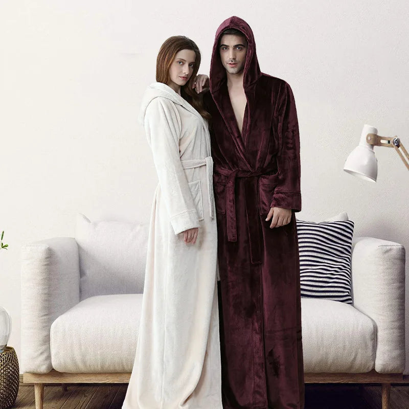 Peignoir de bain chaud absorbant-flanelle-polyester-capuche-manche-longue-épais-longueur-cheville-doux-moelleux-confortable-motif-uni-polaire-printemps-automne-hiver-blanc-bordeaux