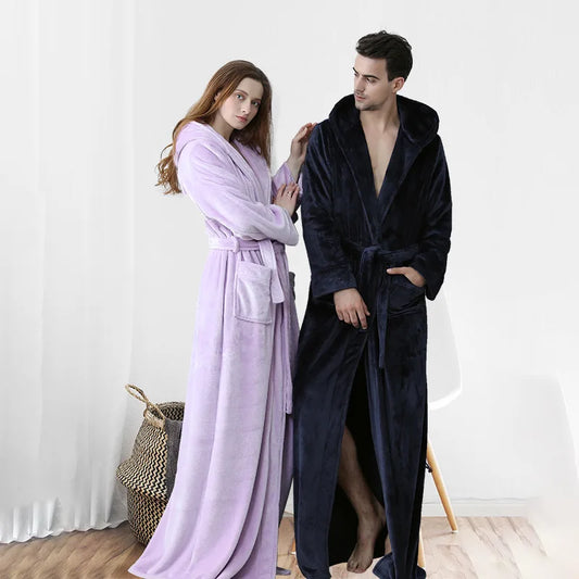 Peignoir de bain chaud absorbant-flanelle-polyester-capuche-manche-longue-épais-longueur-cheville-doux-moelleux-confortable-motif-uni-polaire-printemps-automne-hiver-bleu-violet