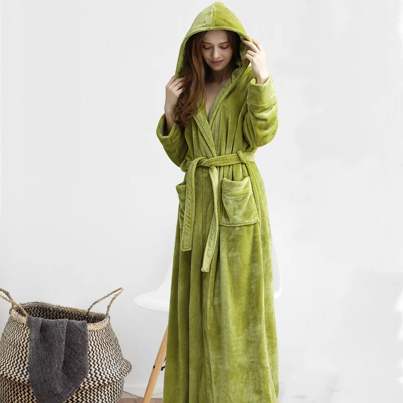 Peignoir de bain chaud absorbant-flanelle-polyester-capuche-manche-longue-épais-longueur-cheville-doux-moelleux-confortable-motif-uni-polaire-printemps-automne-hiver-vert-olive