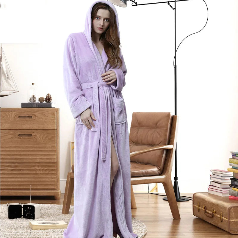 Peignoir de bain chaud absorbant-flanelle-polyester-capuche-manche-longue-épais-longueur-cheville-doux-moelleux-confortable-motif-uni-polaire-printemps-automne-hiver-violet