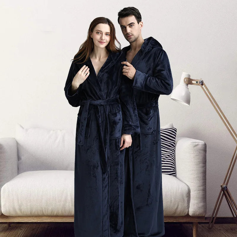 Peignoir de bain chaud absorbant-flanelle-polyester-capuche-manche-longue-épais-longueur-cheville-doux-moelleux-confortable-motif-uni-polaire-printemps-hiver-automne-bleu-marine