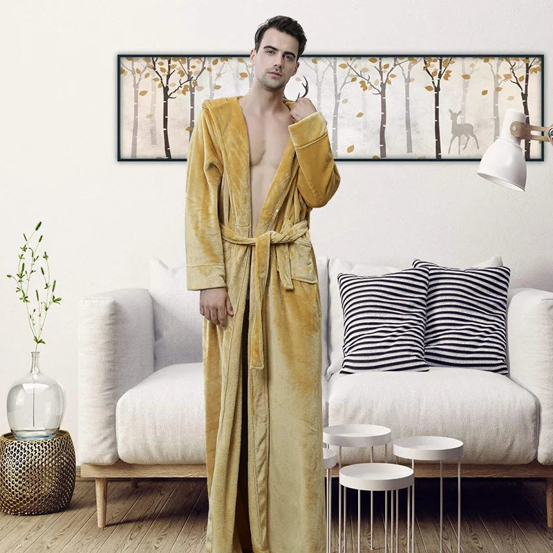 Peignoir de bain chaud absorbant-flanelle-polyester-capuche-manche-longue-épais-longueur-cheville-doux-moelleux-confortable-motif-uni-polaire-printemps-hiver-automne-jaune