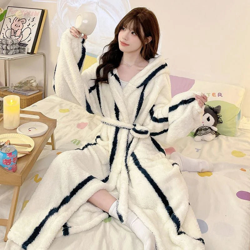 Peignoir de bain chaud femme-flanelle-tricoter-polyester-coton-motif-floral-géométrique-animale-manche-longue-épais-large-capuche-longueur-cheville-doux-confortable-moelleux-printemps-automne-hiver-blanc-noir