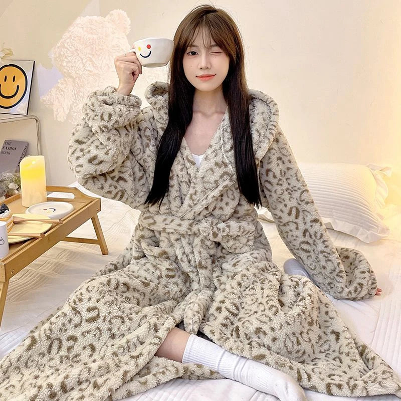 Peignoir de bain chaud femme-flanelle-tricoter-polyester-coton-motif-floral-géométrique-animale-manche-longue-épais-large-capuche-longueur-cheville-doux-confortable-moelleux-printemps-automne-hiver-gris