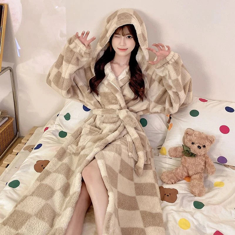 Peignoir de bain chaud femme-flanelle-tricoter-polyester-coton-motif-floral-géométrique-animale-manche-longue-épais-large-capuche-longueur-cheville-doux-confortable-moelleux-printemps-gros-carreaux-hiver-automne-café-marron-beige