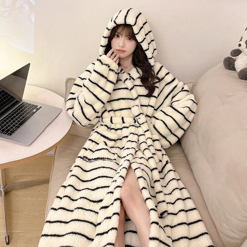 Peignoir de bain chaud femme-flanelle-tricoter-polyester-coton-motif-floral-géométrique-animale-manche-longue-épais-large-capuche-longueur-cheville-doux-confortable-moelleux-printemps-hiver-automne-blanc-noir