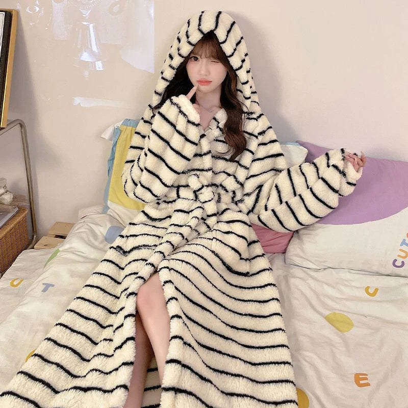 Peignoir_de_bain_chaud_femme-flanelle-tricoter-polyester-coton-motif-floral-géométrique-animale-manche-longue-épais-large-capuche-longueur-cheville-doux-confortable-moelleux-printemps-hiver-automne-café-noir-blanc